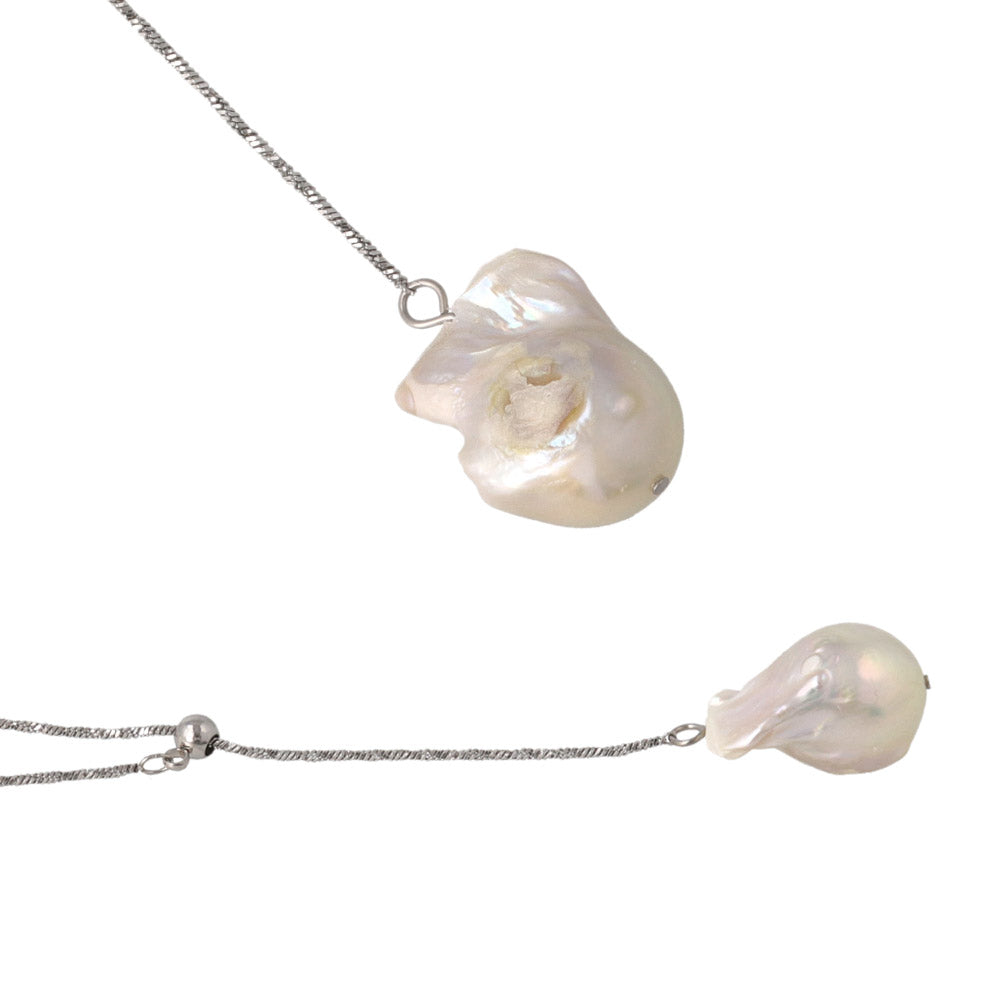 Baroque Pearl Silver Tone Slider Lariat Necklace