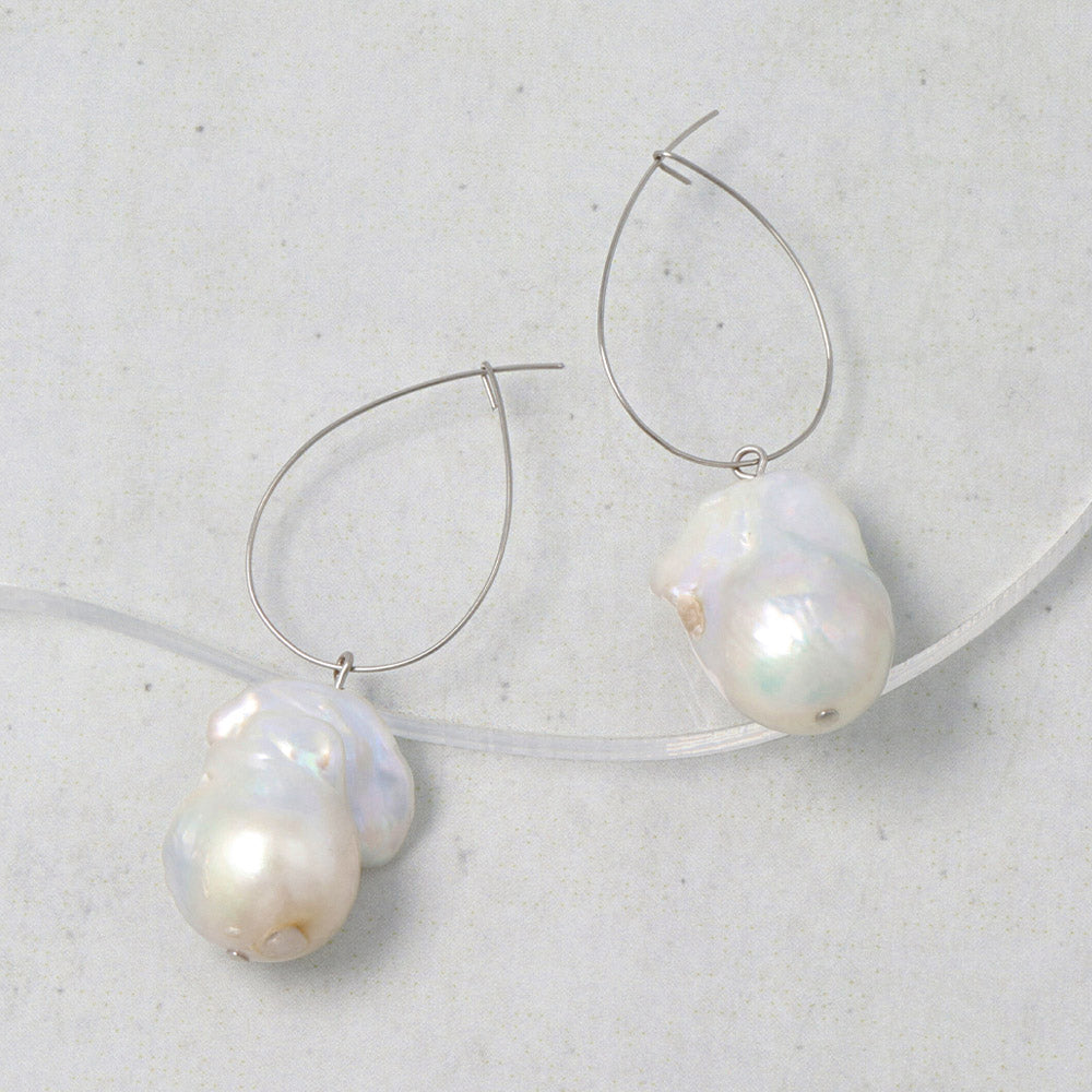Baroque Pearl Silver Tone Hoop Earrings
