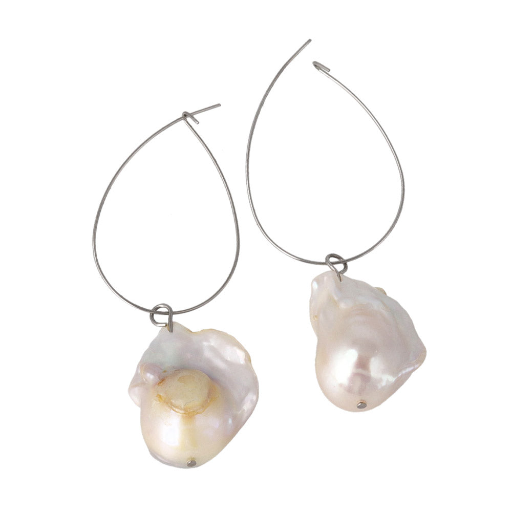 Baroque Pearl Silver Tone Hoop Earrings