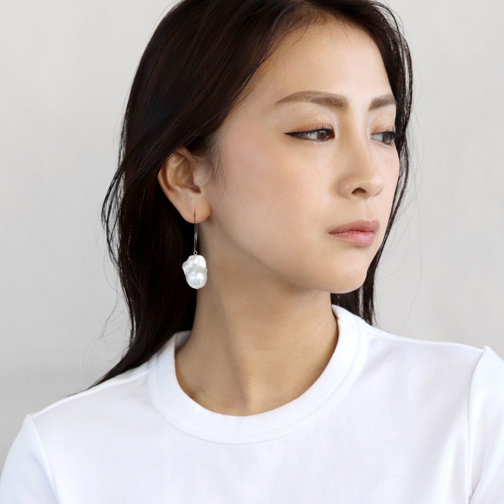 Baroque Pearl Silver Tone Hoop Earrings