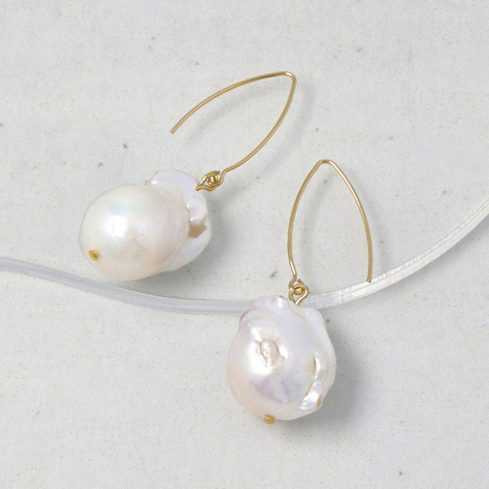 10-12mm Natural White Baroque Freshwater Pearl Dangle Earrings - 14K Gold Plated Hook