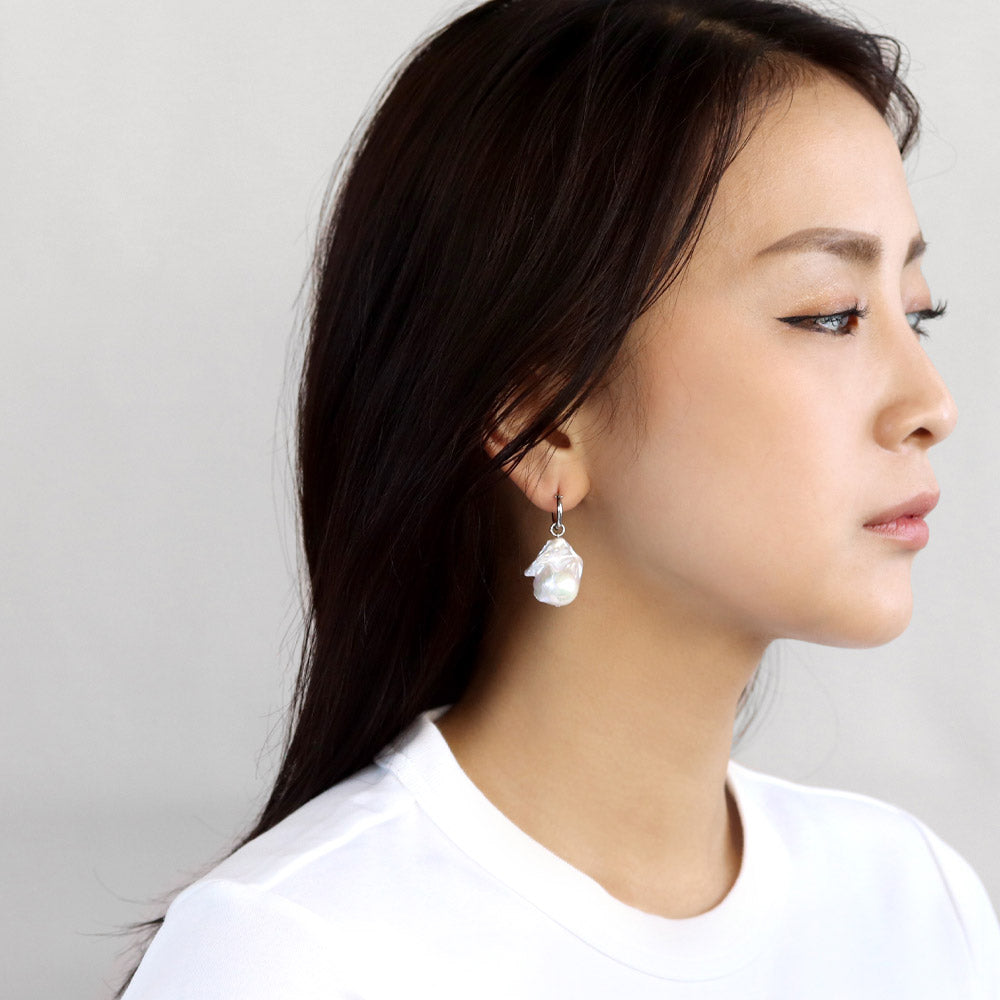 Baroque Pearl Silver Tone Mini Hoop Earrings