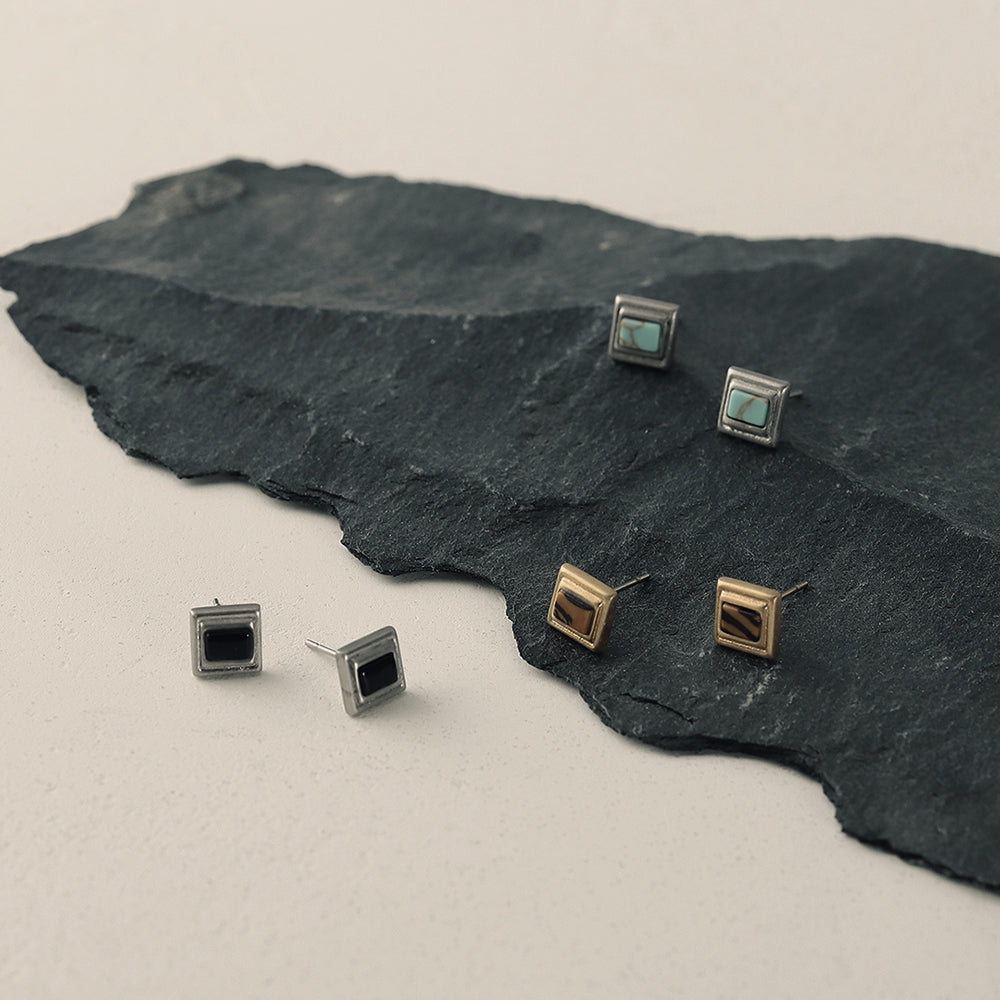 Square Frame Stone Stud Earrings