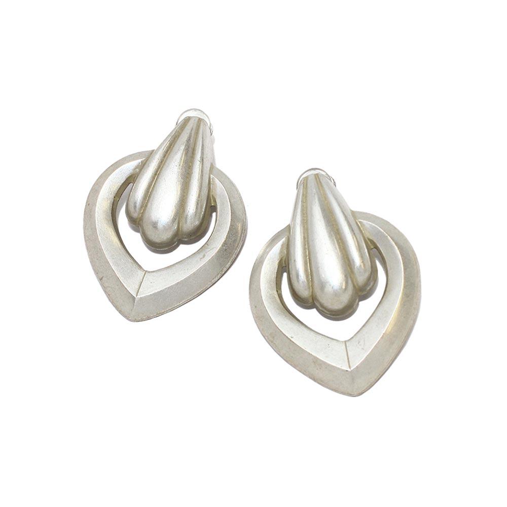 Silvertone Carved Clip On Earrings - Osewaya