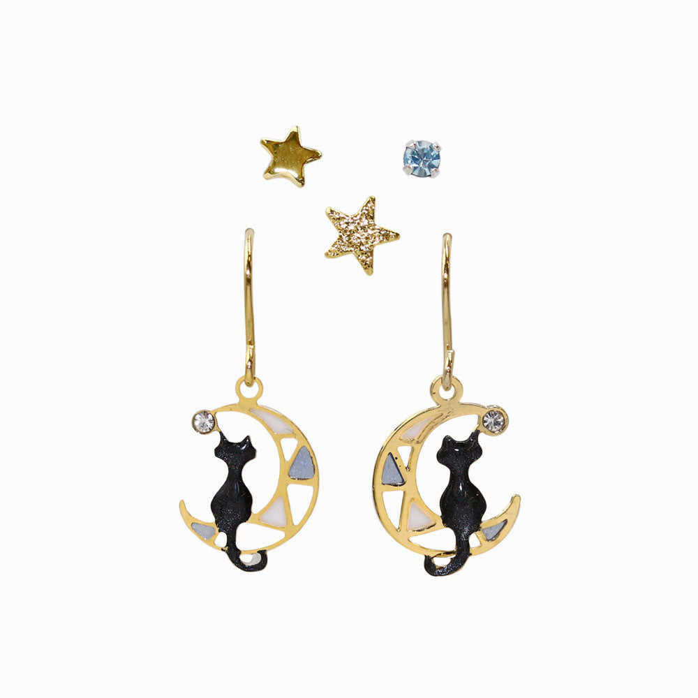 Cat and Moon Earring Set