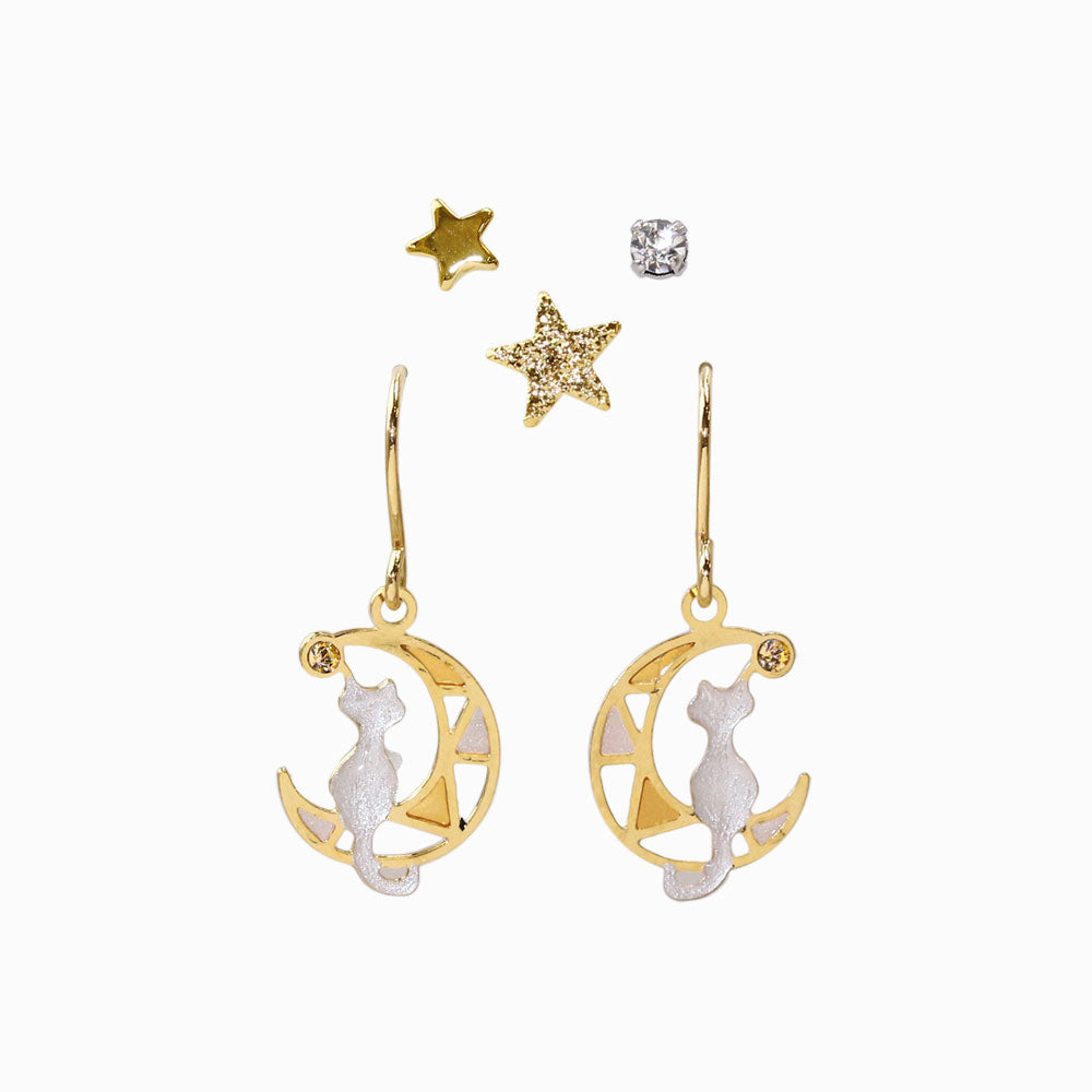 Cat and Moon Earrings Set - osewaya