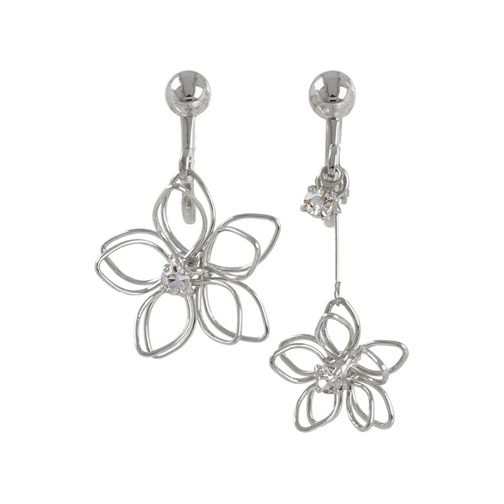 Wire Flower Asymmetrical Clip On Earrings