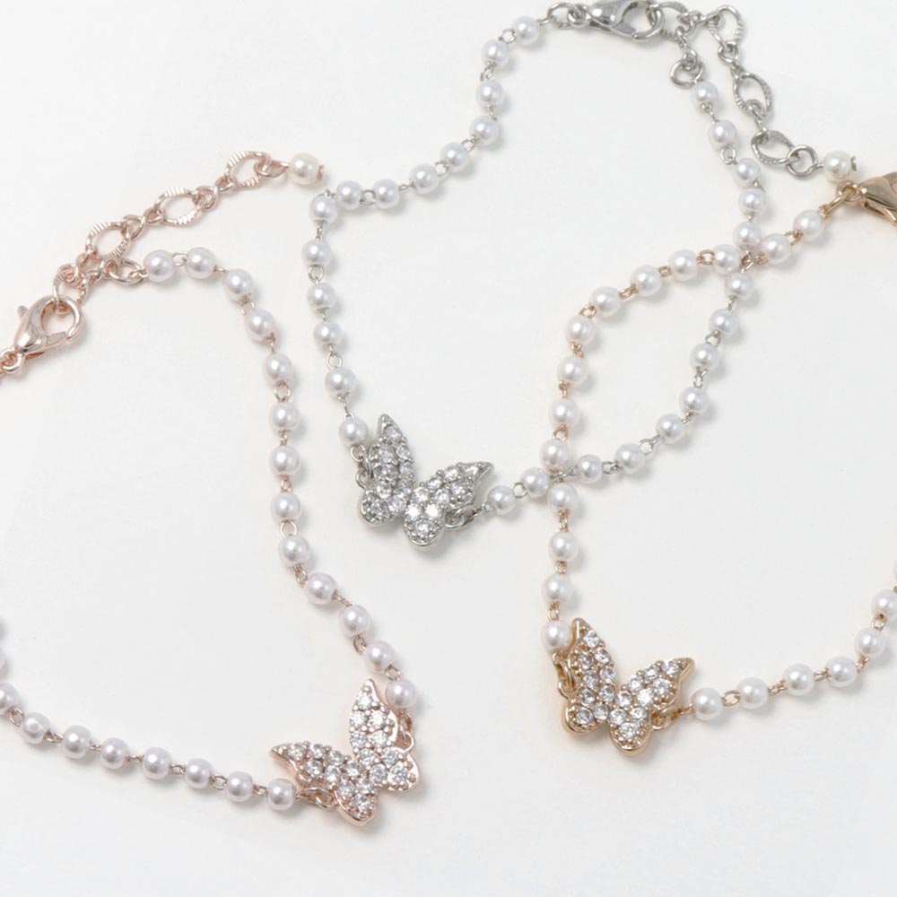 Pave Butterflu Pearly Chain Bracelet