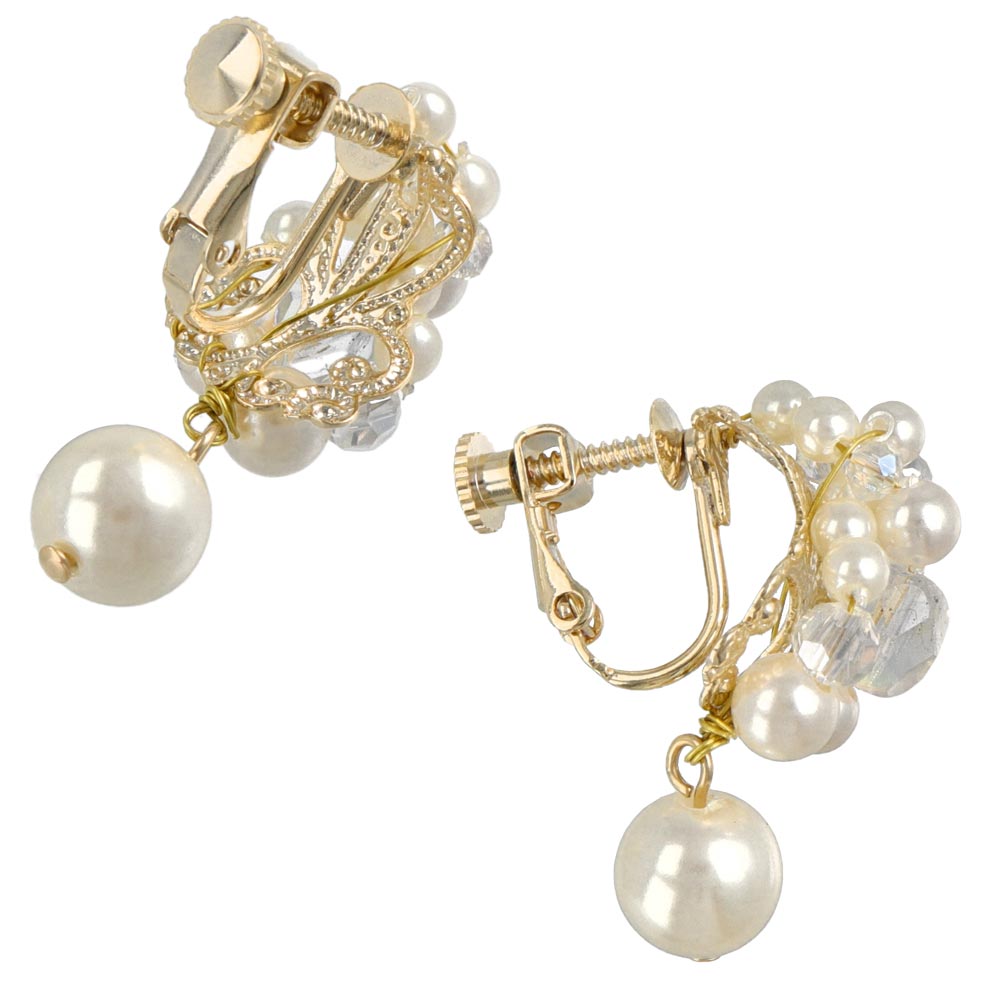 Drop Pearl Cluster Clip On Earrings