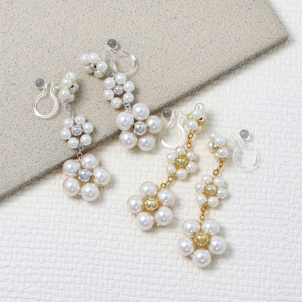 Pearl Flower Station Invisible Clip On Earrings
