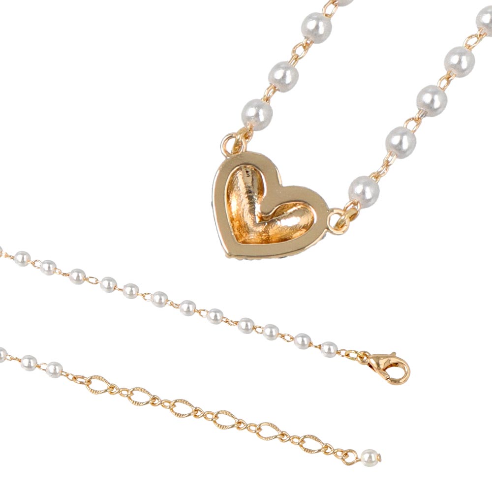 Pave Heart Pearl Chain Necklace