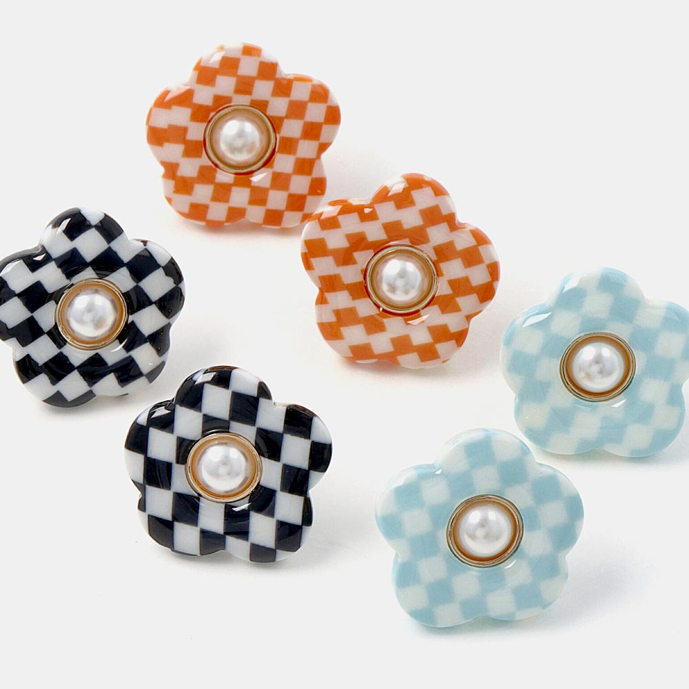 Block Checkered Flower Studs - osewaya