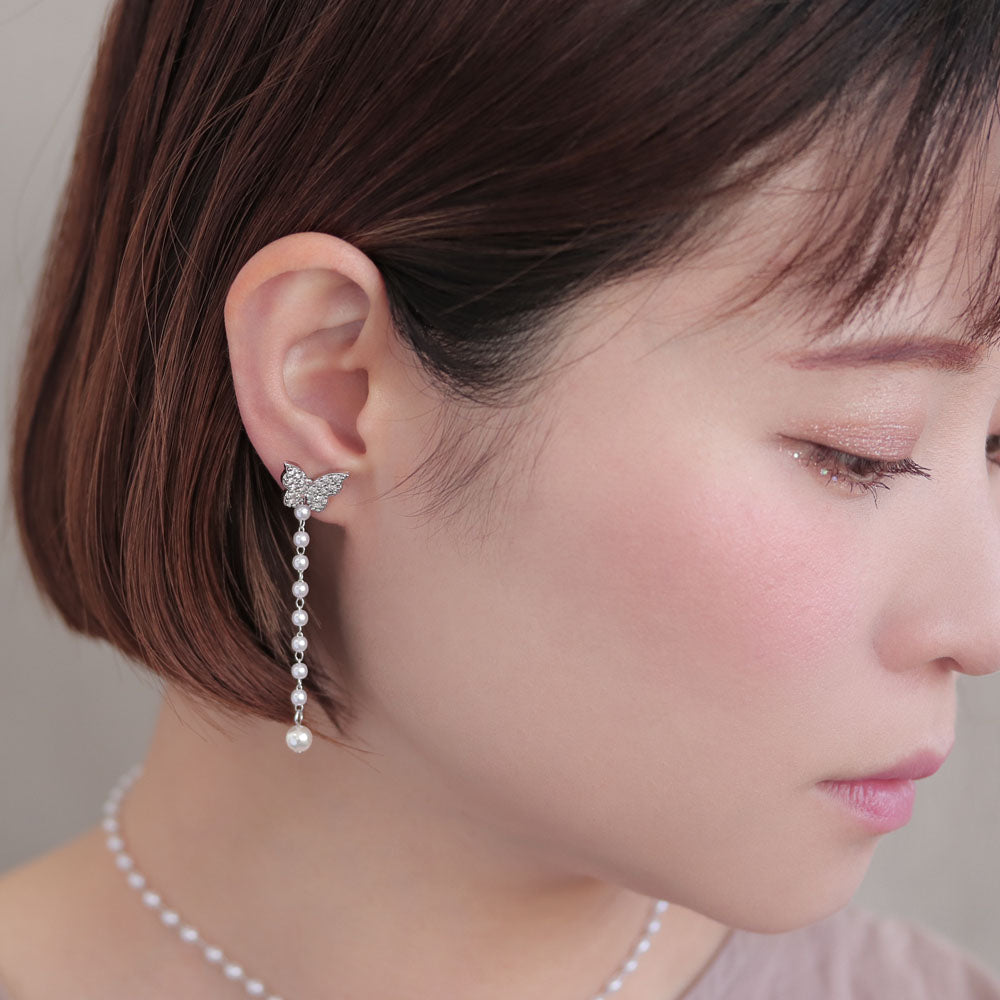 Pave Butterfly Pearl Chain Earrings