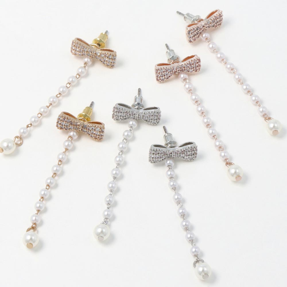 Pave Bow Pearl Chain Earrings - osewaya