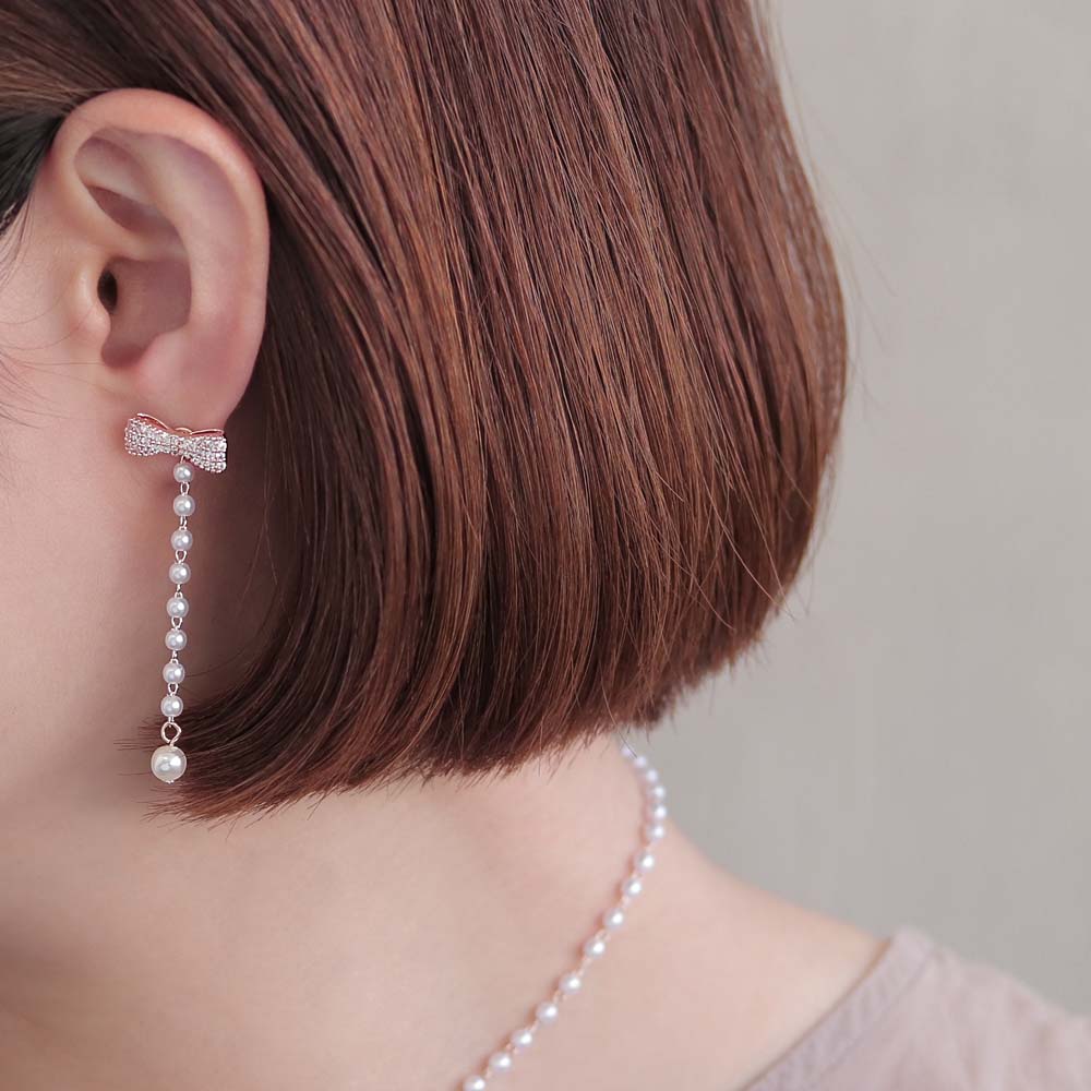 Pave Bow Pearl Chain Earrings