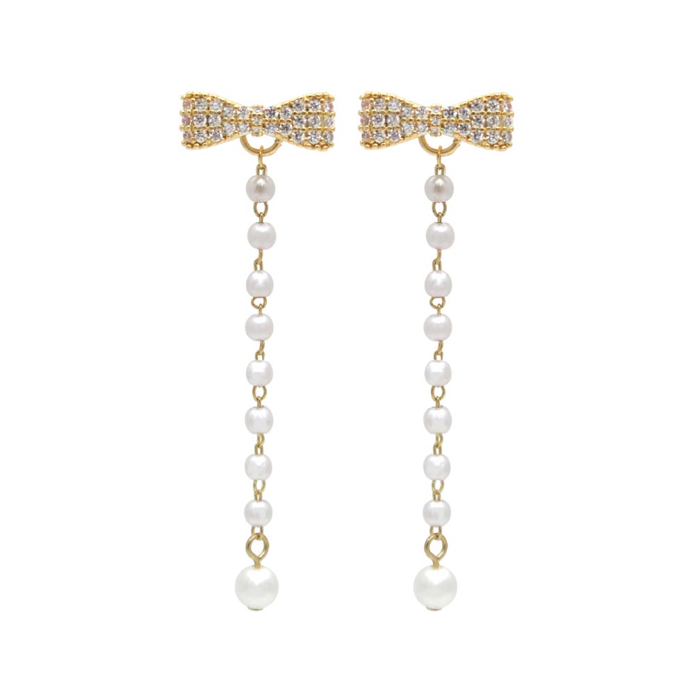Pave Bow Pearl Chain Earrings
