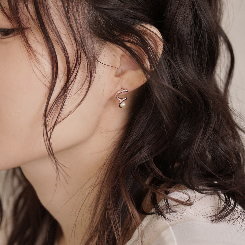 Rose Silver Spiral Pearl Earrings