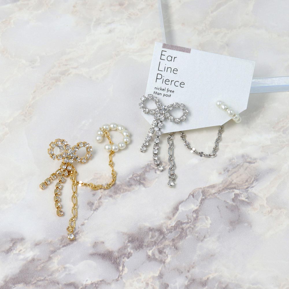Bow and Pearl Chain Ear Cuff Earring
