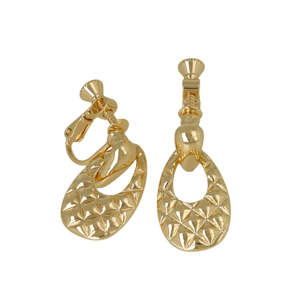 Quilted Oval Clip On Drop Earrings