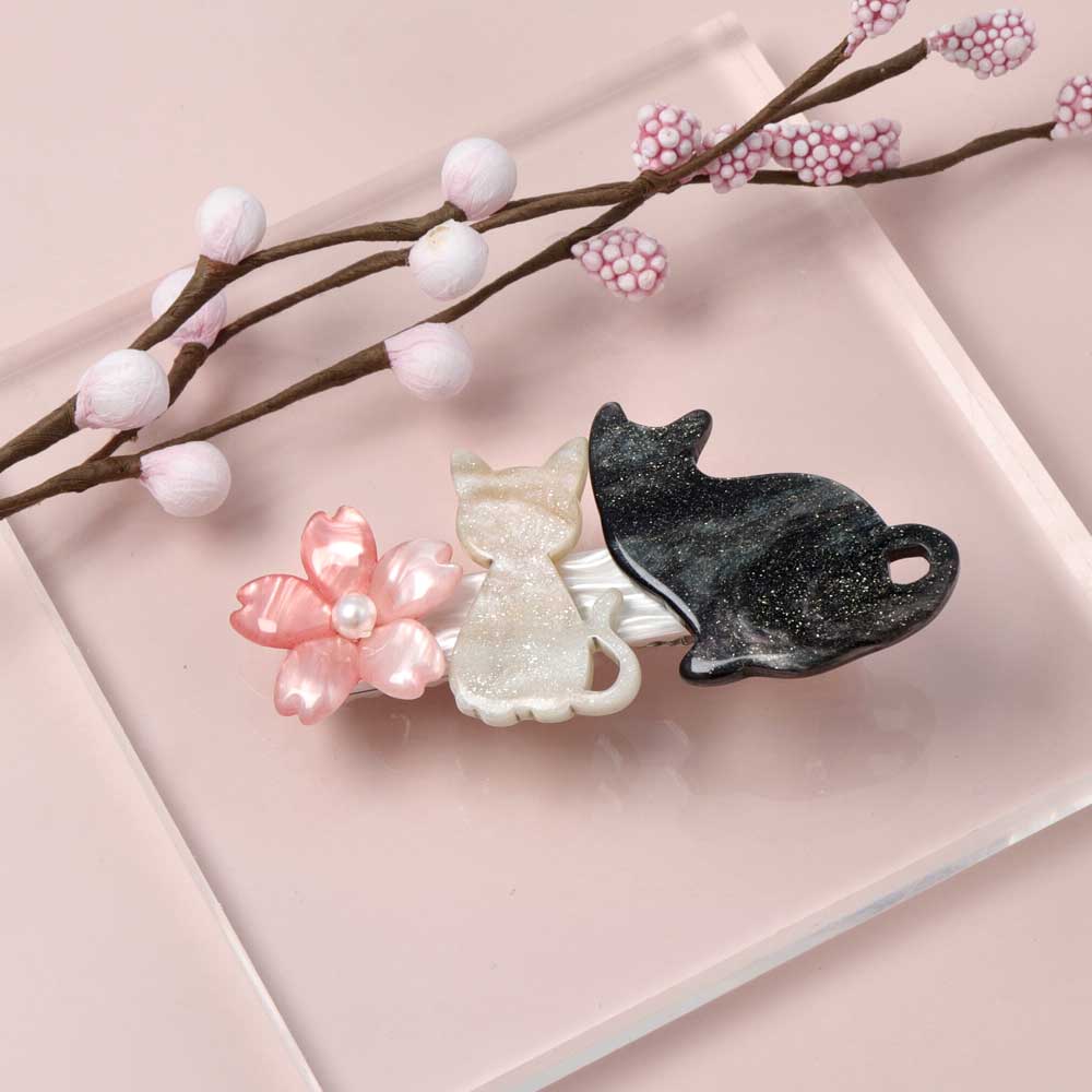 Cat and Cherry Blossom Hair Clip - osewaya
