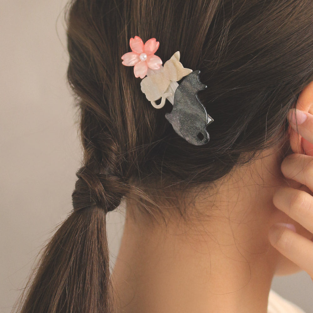 Cat and Cherry Blossom Hair Clip