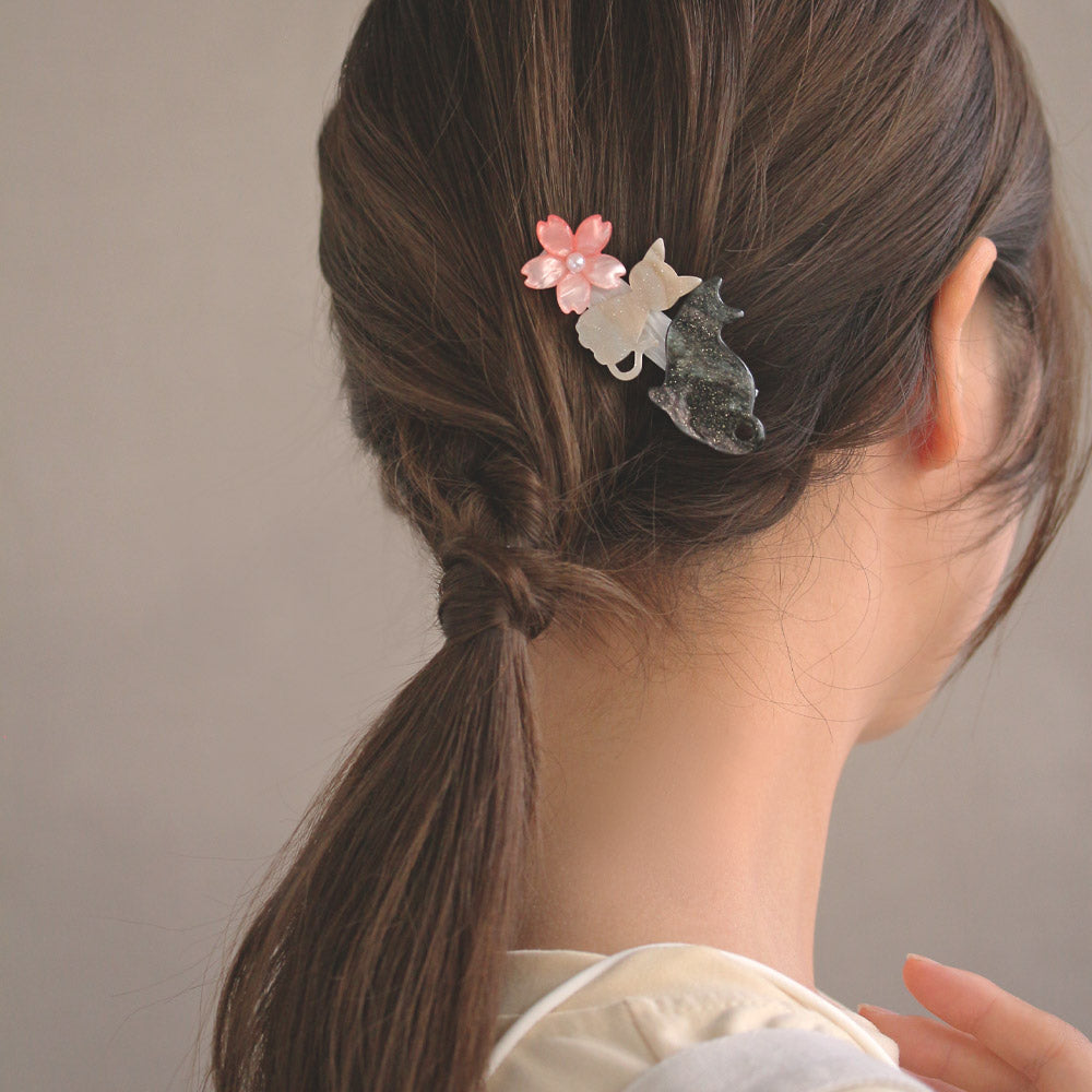 Cat and Cherry Blossom Hair Clip