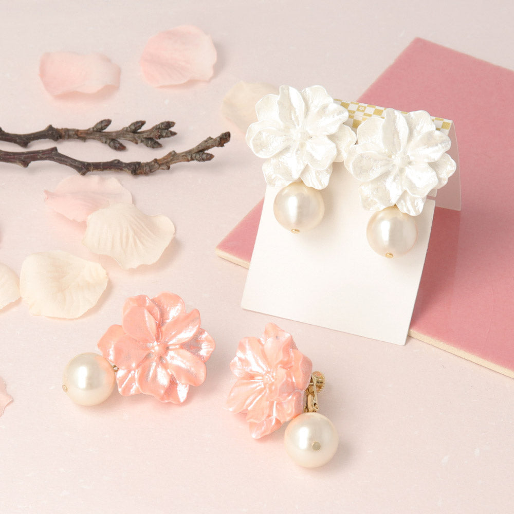 Sakura and Pearl Statement Clip On Earrings