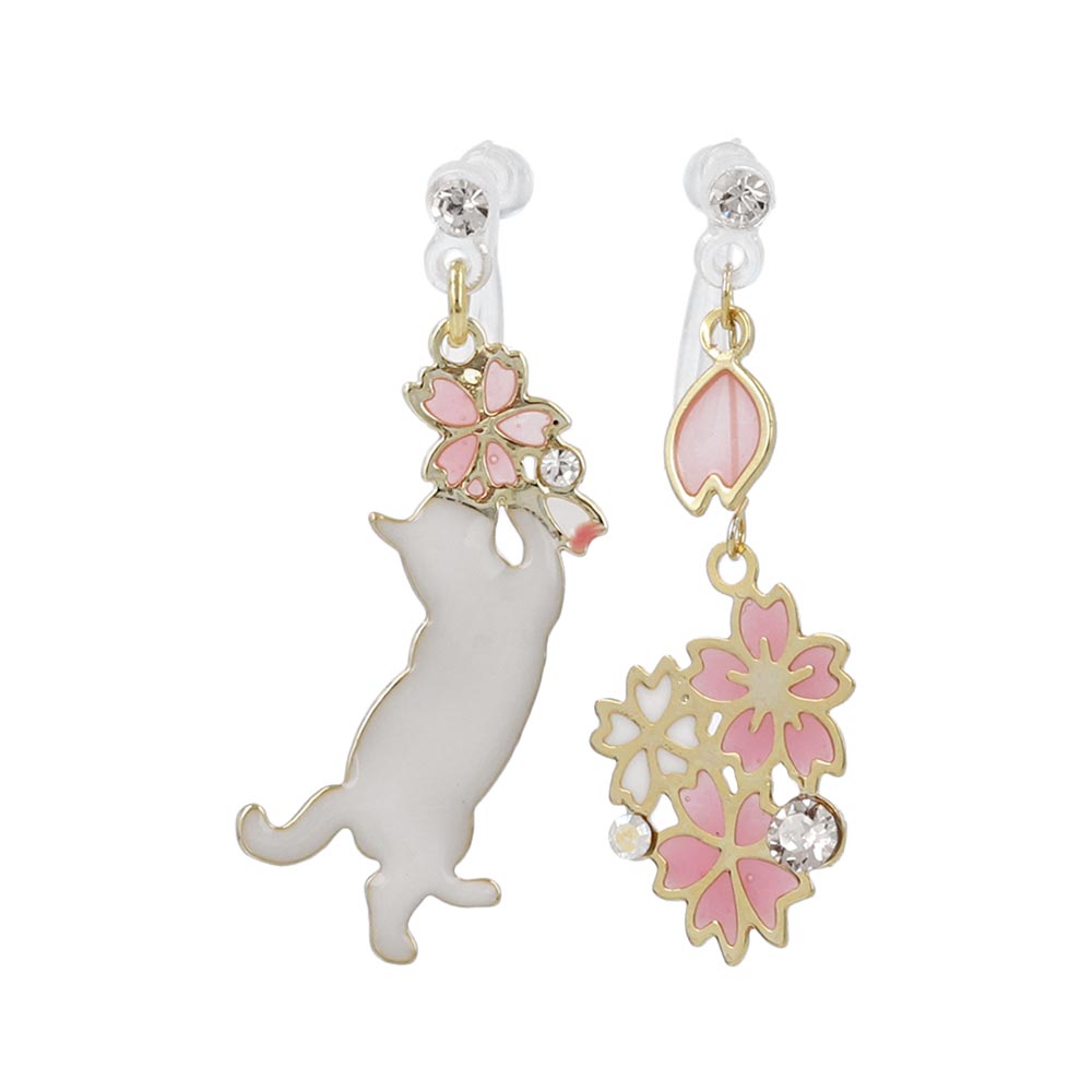 Sakura and Kitty Mismatch Invisible Clip On Earrings