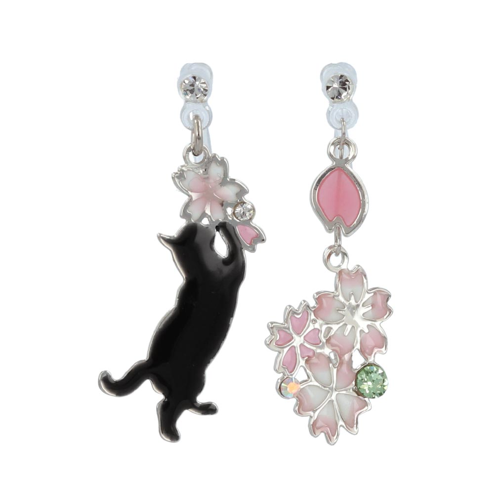 Sakura and Kitty Mismatch Invisible Clip On Earrings - osewaya