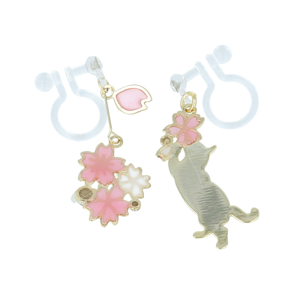 Sakura and Kitty Mismatch Invisible Clip On Earrings