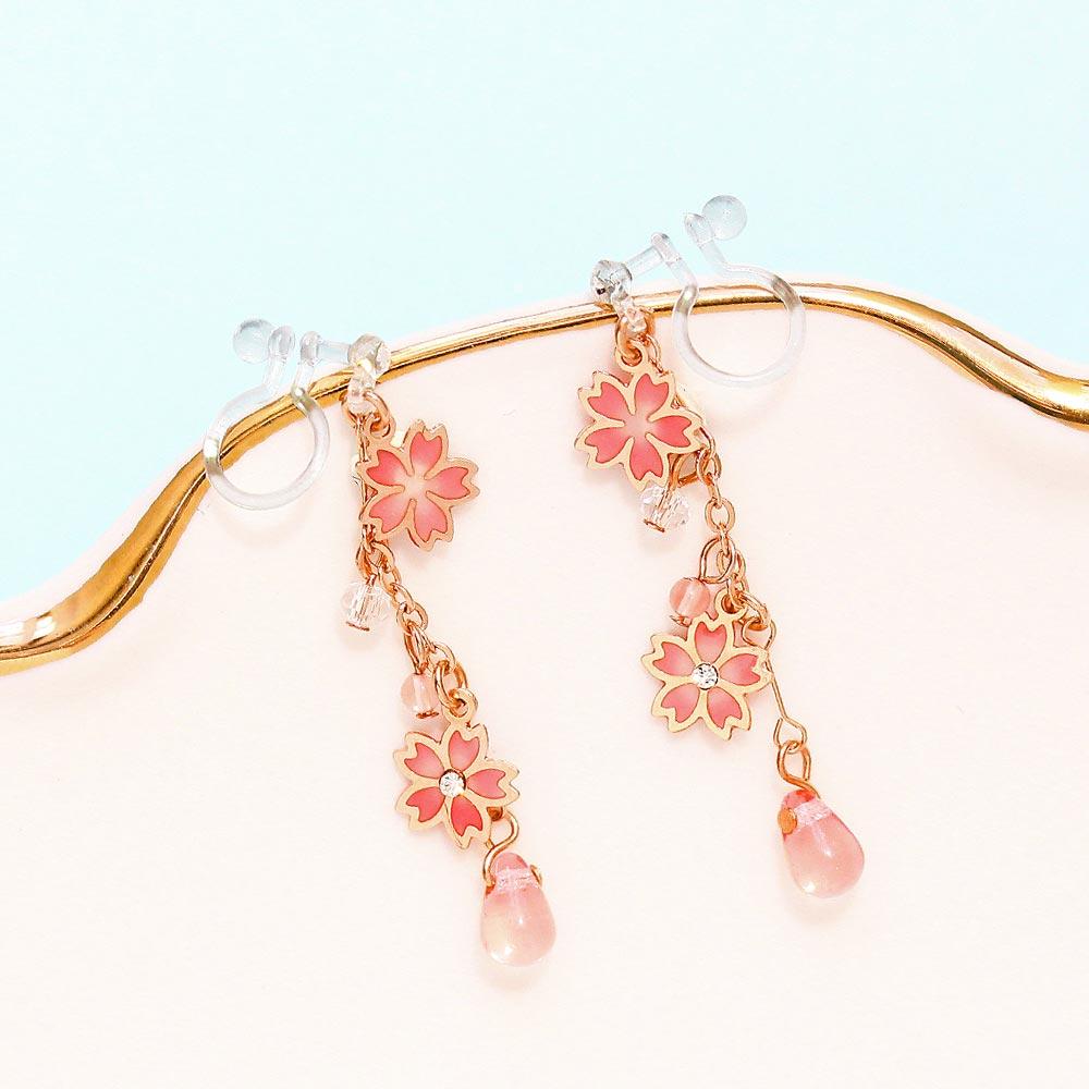 Cherry Blossom Sakura Linear Invisible Clip On Earrings - osewaya