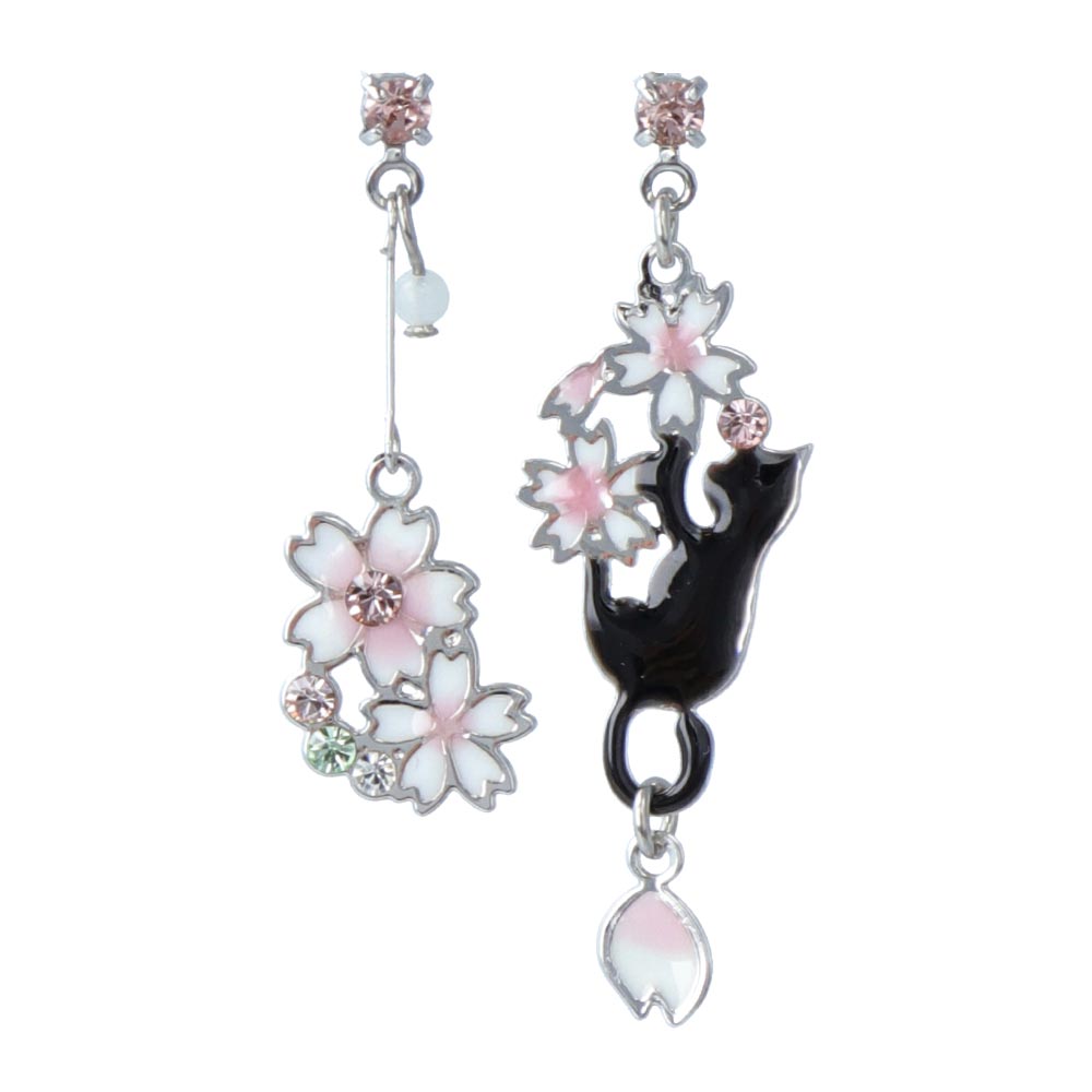 Sakura and Playful Cat Mismatch Earrings