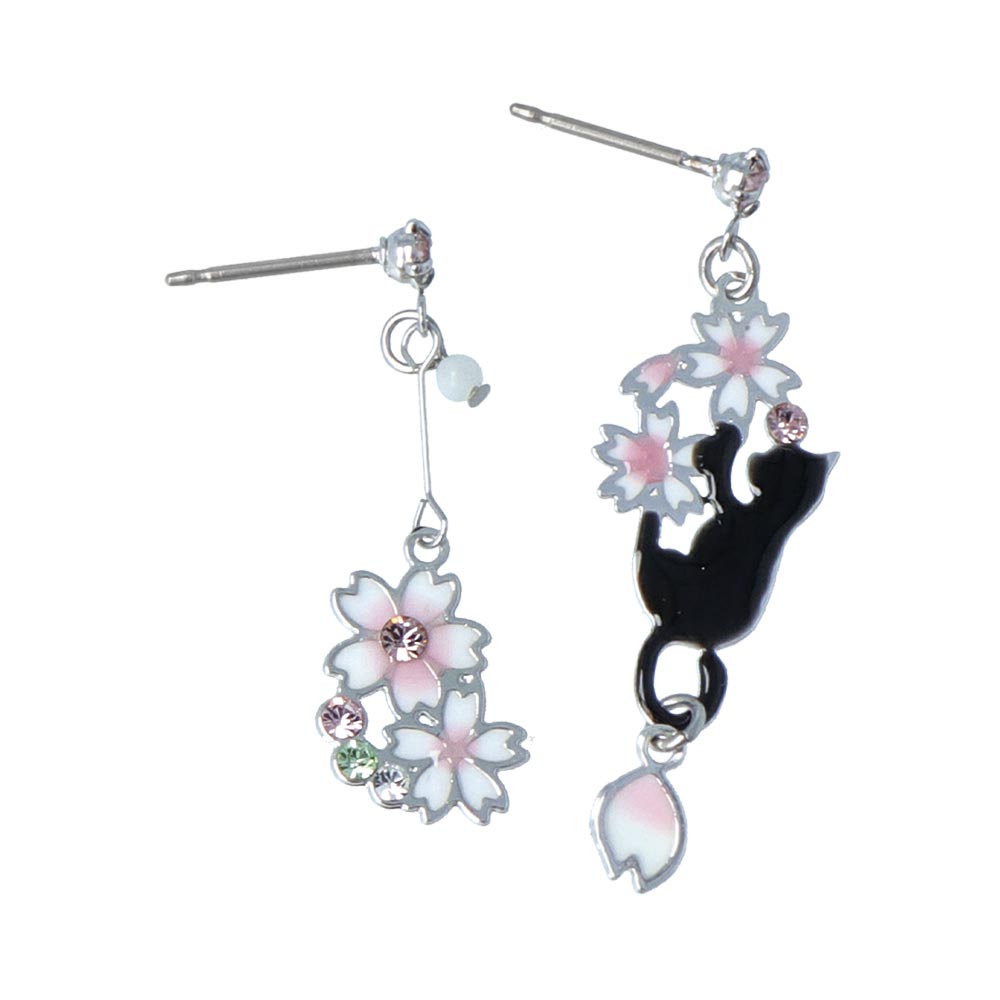 Sakura and Playful Cat Mismatch Earrings