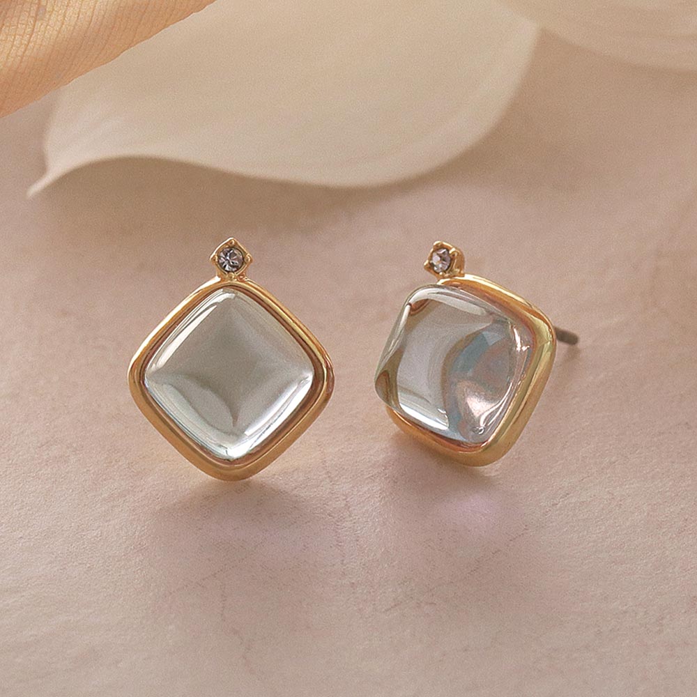 Blue Square Glass Jewel Studs - osewaya