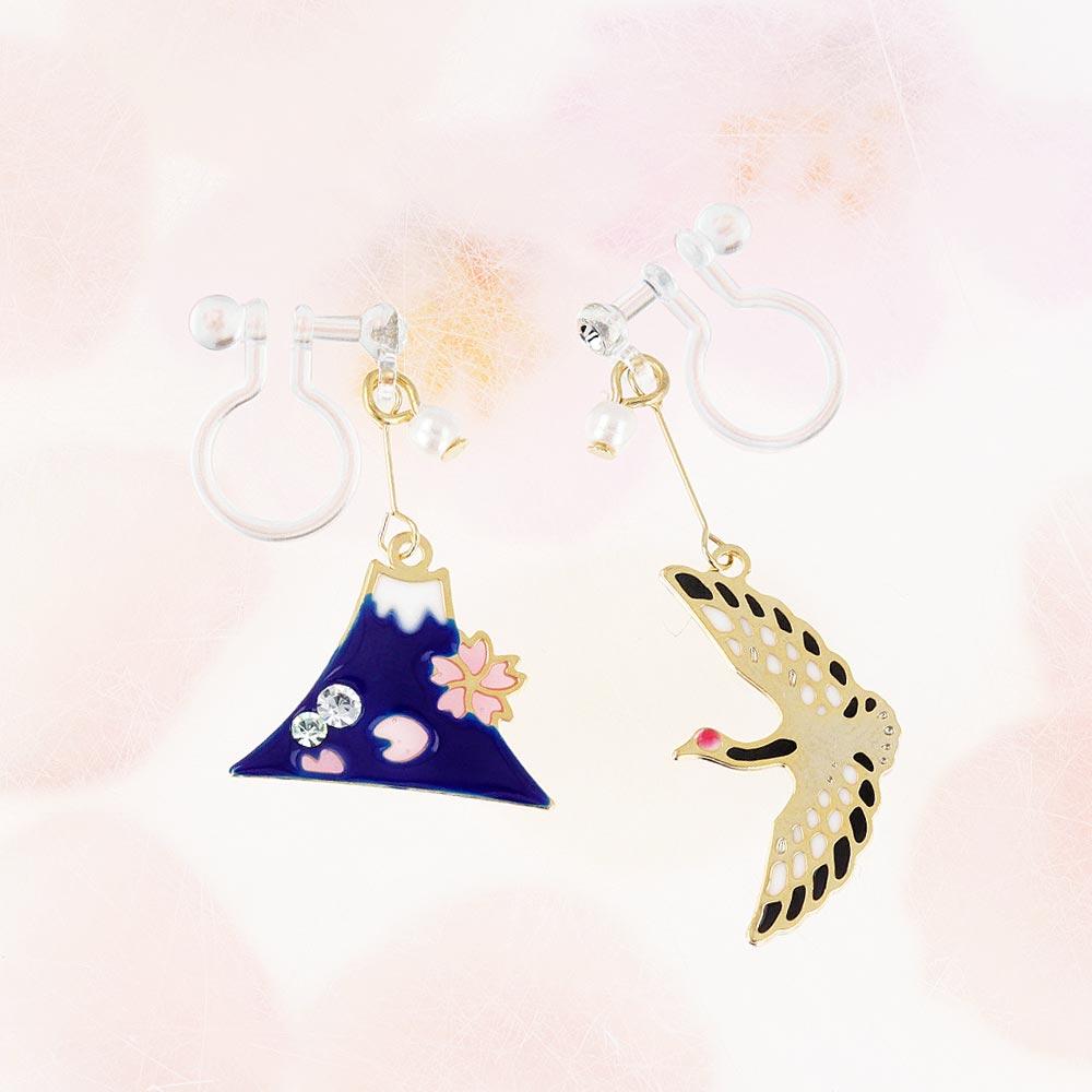Crane and Fujiyama Japanese Traditional Symbol Invisible Clip On Earri