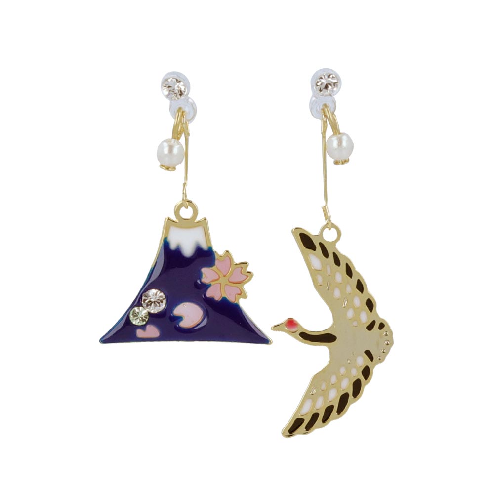 Crane and Fujiyama Japanese Traditional Symbol Invisible Clip On Earrings - osewaya