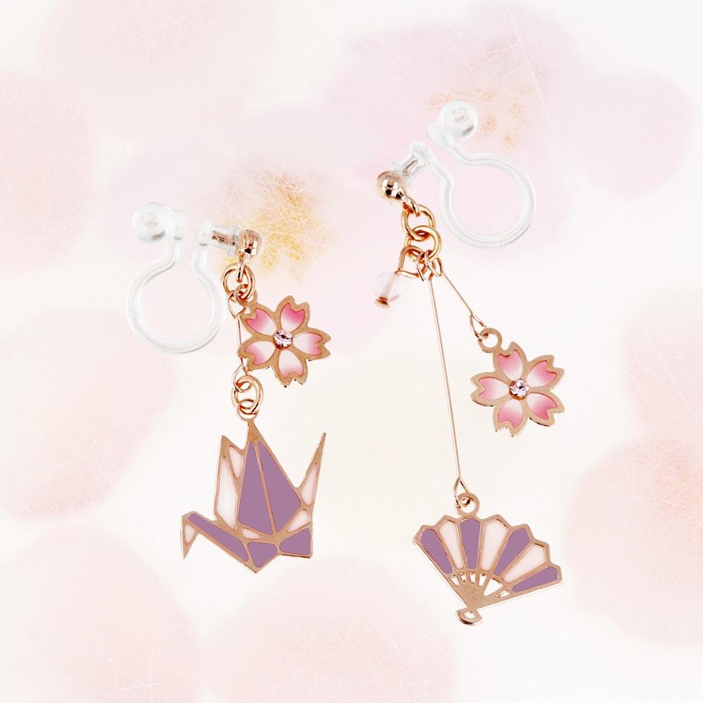 Sakura and Japanese Traditional Motif Invisible Clip On Earrings - osewaya