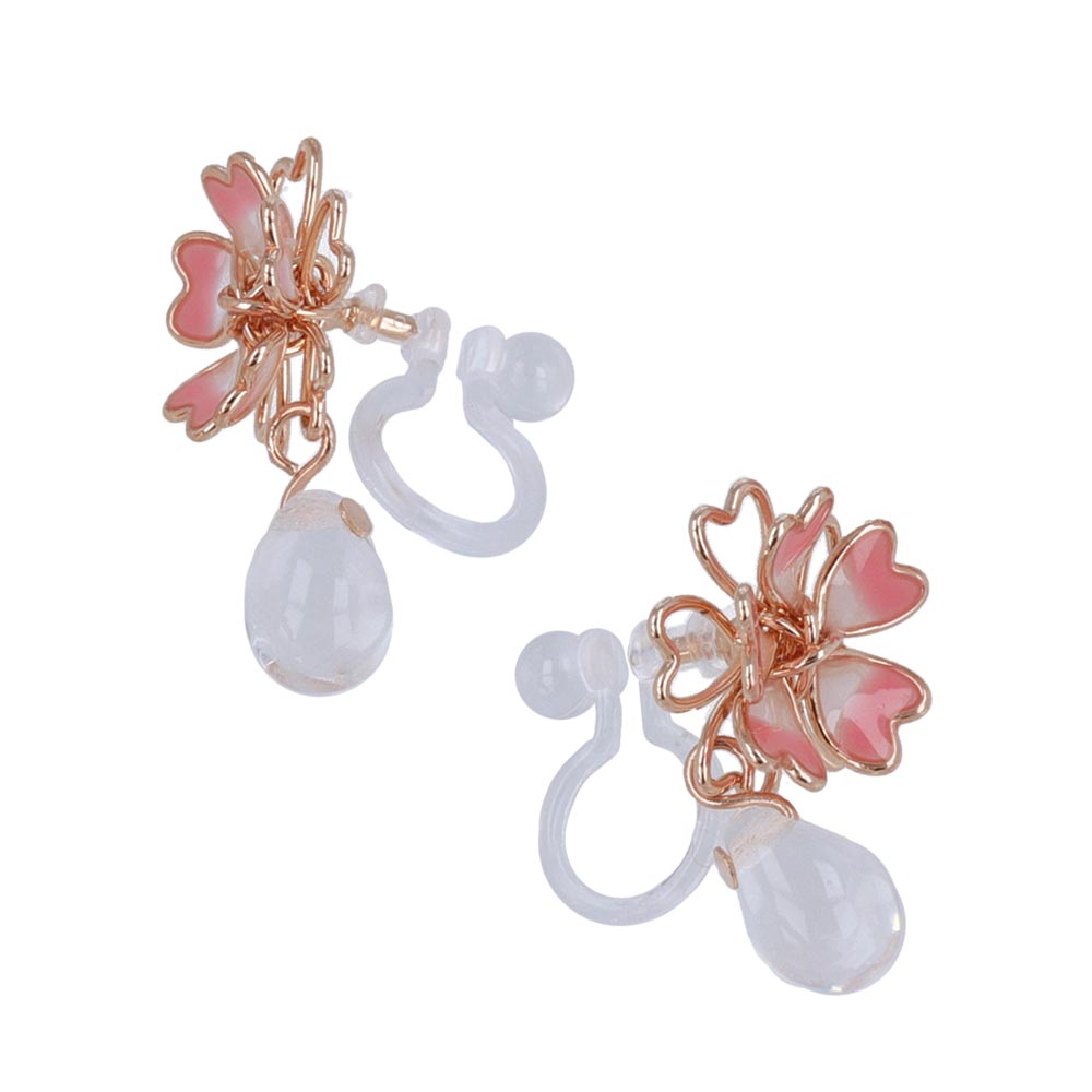 Cherry Blossom and Teardrop Stone Invisible Clip On Earrings