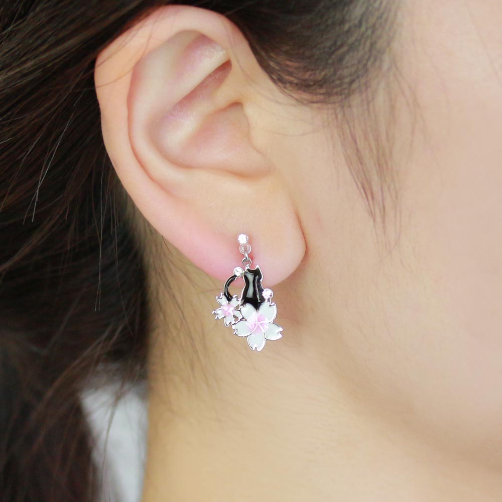 Cherry Blossom Sakura and Cat Invisible Clip On Earrings
