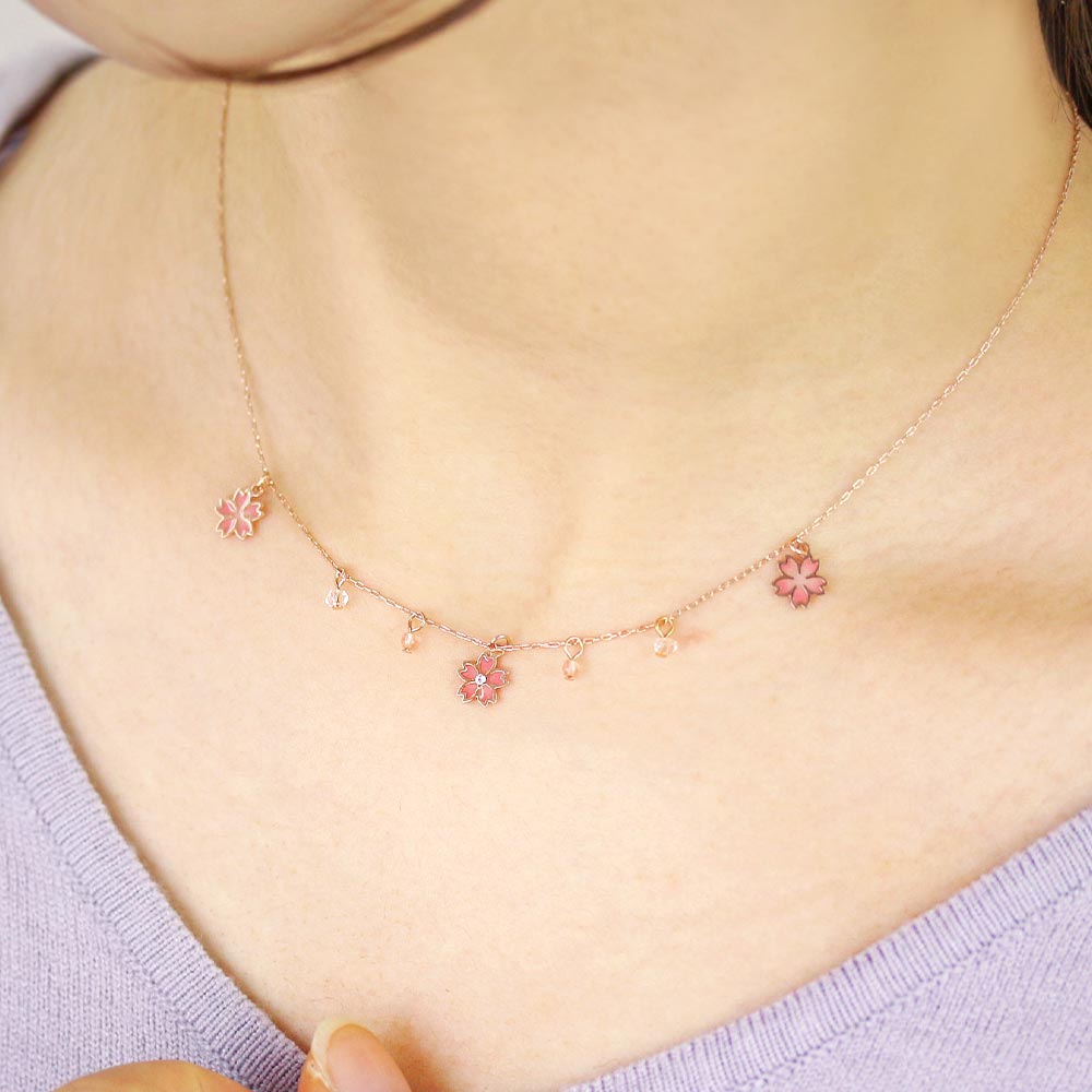 Cherry Blossom and Cherry Quartz Station Necklace