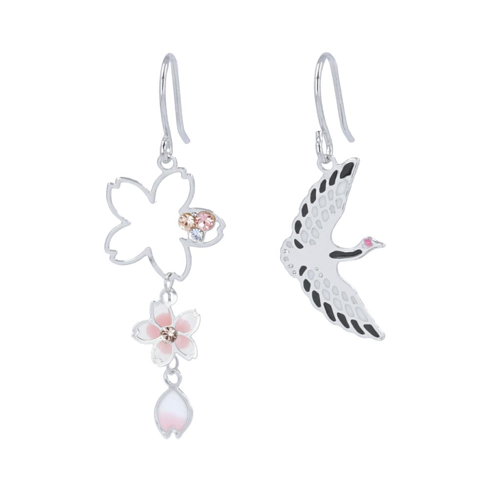 Sakura and Crane Japanese Traditional Motif Drop Earrings