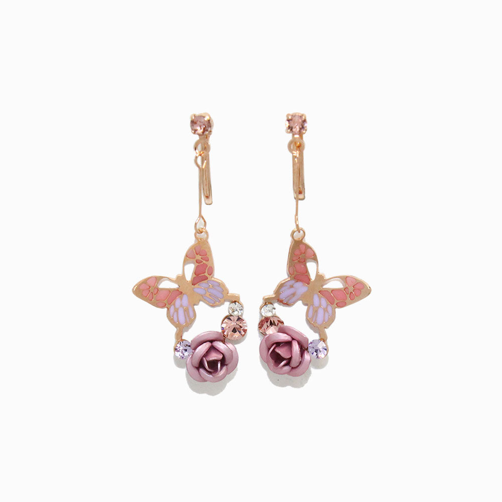 Drop Butterfly and Rose Clip On Earrings