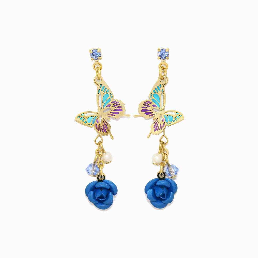 Butterfly and Rose Drop Earrings