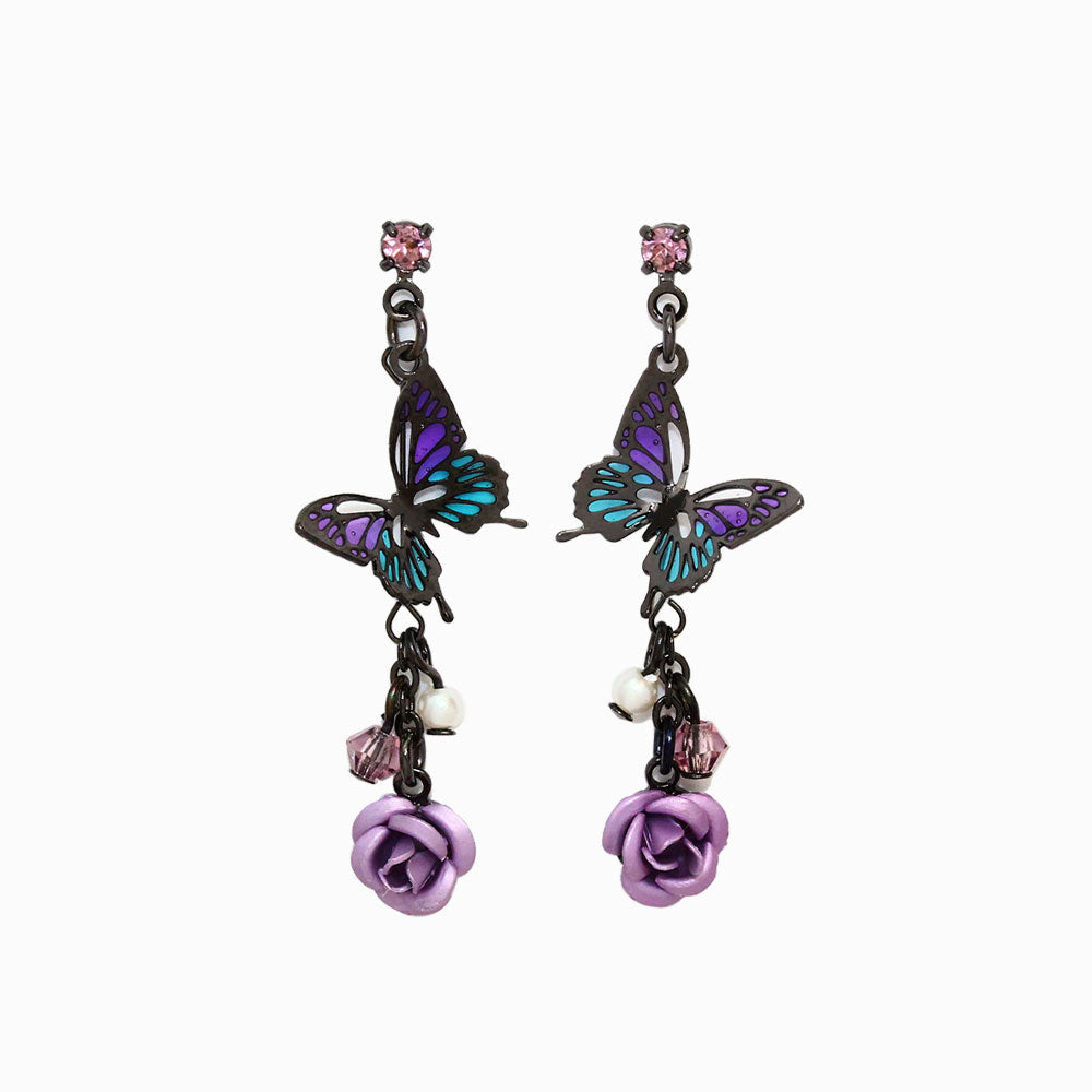 Butterfly and Rose Drop Earrings